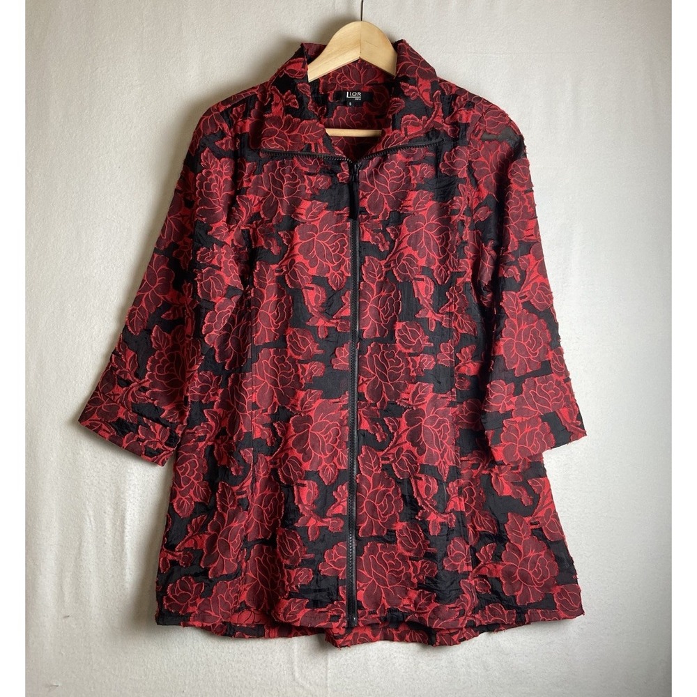 Lior Paris Red Black Floral Full Zip Jacket Blazer Size S Textured Semi Sheer